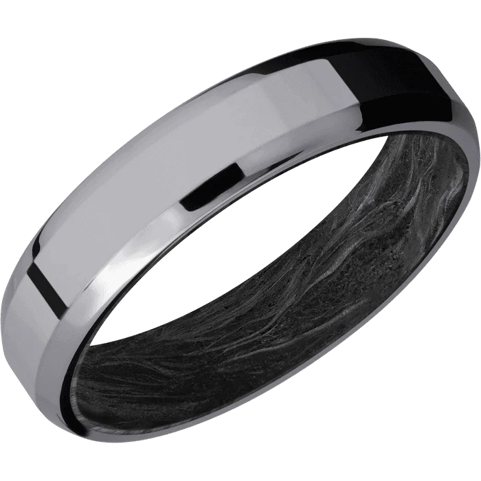 Stackable rings with diamonds for women-5mm wide Beveled Tantalum Ring with Polish Finish / Forged Carbon Fiber Sleeve