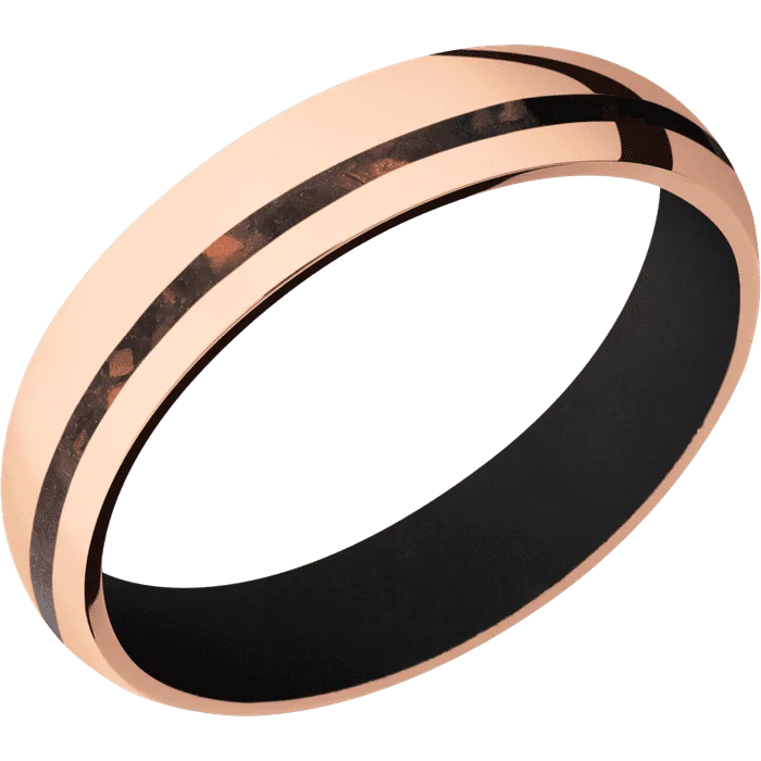 Silver rings with diamonds for women-5mm wide Domed 18k Rose Gold Ring with Polish Finish / One 1mm Off Center Red Tigers Eye Inlay / Black Cerakote Sleeve