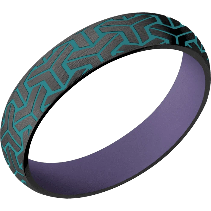 Affordable gold wedding rings for men-5mm wide Domed Black Titanium Ring with Satin Finish / Geoweave Large Design and Teal Cerakote Accents / Bright Purple Cerakote Sleeve