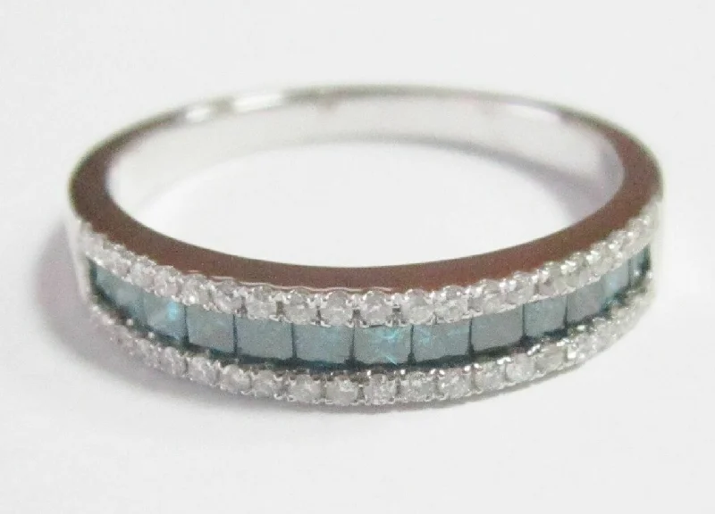 Custom name rings with gemstones-.64 TCW Natural Round Blue Diamond 1/2 Eternity Band/Ring Size 6 14k White Gold