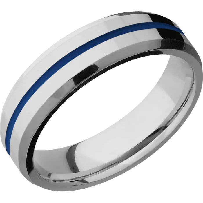 Custom silver rings for anniversary gifts-6mm wide Beveled Titanium Ring with Polish Finish / One 1mm Centered Royal Blue Cerakote Inlay