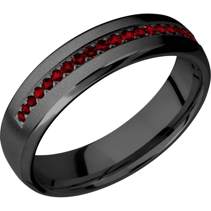 Unique men’s rings with gemstones-6mm wide Domed Bevel Black Titanium Ring with Bead Blast Finish / Half Eternity Round .015 carat Dark Ruby Bead-Set Gemstones