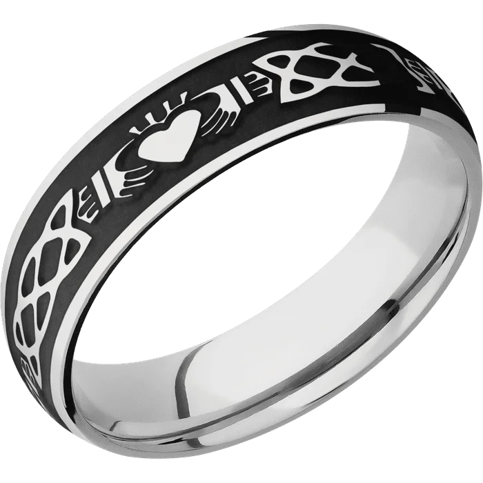 Men’s signet rings with engraving-6mm wide Domed Inconel Ring with Polish Finish / Claddagh Celtic Design and Black Cerakote Accents