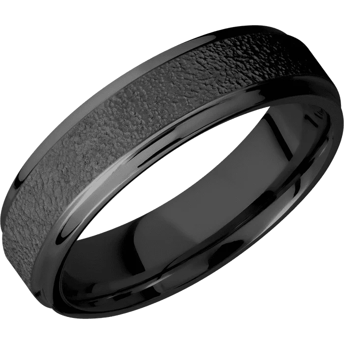 Stackable rings with diamonds for women-6mm wide Flat Grooved Edges Black Titanium Ring with Stipple Finish