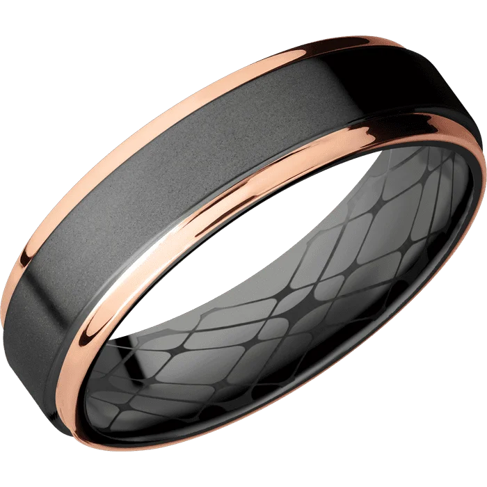 Fashionable stacking rings for women-6mm wide Flat Grooved Edges Black Zirconium Ring with Bead Blast Finish / Two 1mm Edge 14k Rose Gold Inlay with Polish Finish / Tile Interior Pattern