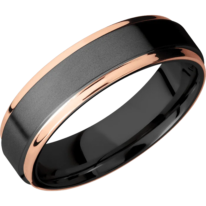 Wedding rings with sapphires for men-6mm wide Flat Grooved Edges Black Zirconium Ring with Bead Blast Finish / Two 1mm Edge 14k Rose Gold Inlay with Polish Finish