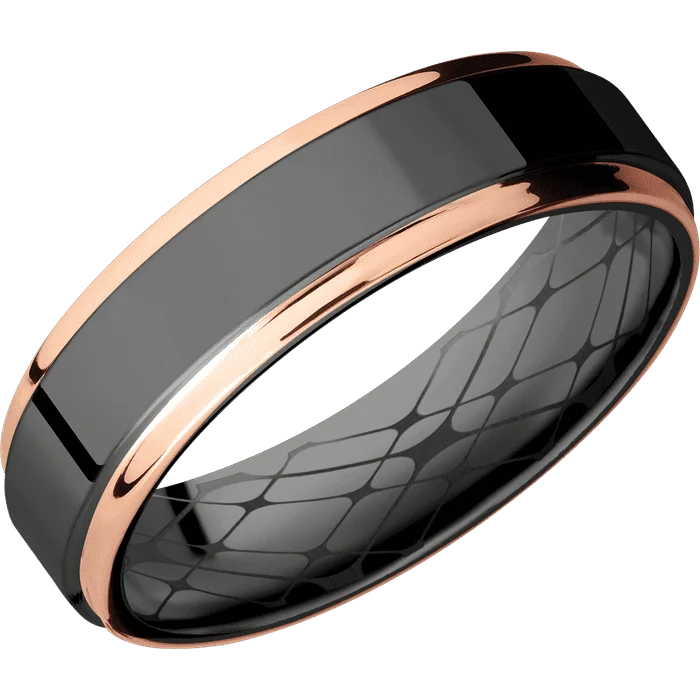 Custom engraved rings for her-6mm wide Flat Grooved Edges Black Zirconium Ring with Polish Finish / Two 1mm Edge 14k Rose Gold Inlay with Polish Finish / Tile Interior Pattern