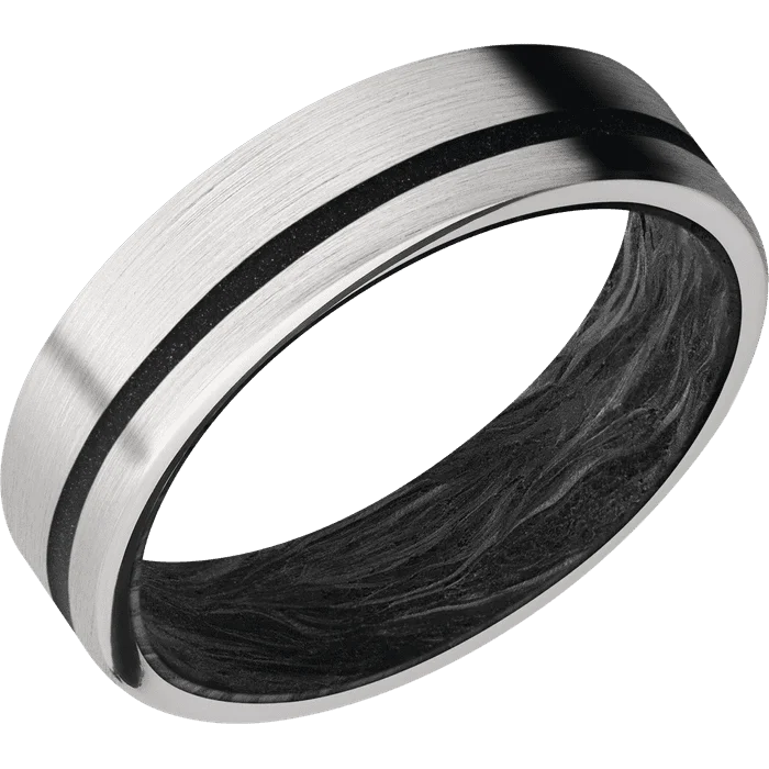 Personalized silver rings for men-6mm wide Flat Palladium Silver Ring with Satin Finish / One 1mm Off Center Dark Grey Cerakote Inlay / Forged Carbon Fiber Sleeve