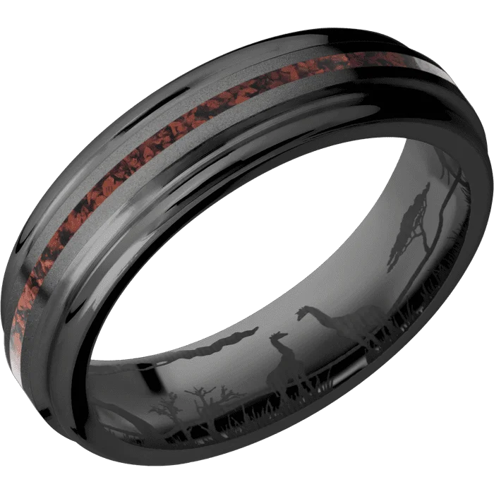 Luxury rings for men with birthstones-6mm wide Flat Rounded Edges Black Titanium Ring with Bead Blast Finish / One 1mm Centered Red Dinosaur Bone Inlay / Safari Interior Pattern