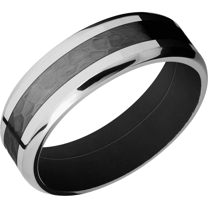 Simple gold rings for women-7mm wide Beveled 10k White Gold Ring with Polish Finish / One 3mm Centered Black Titanium Inlay with Hammer Finish / Black Cerakote Sleeve