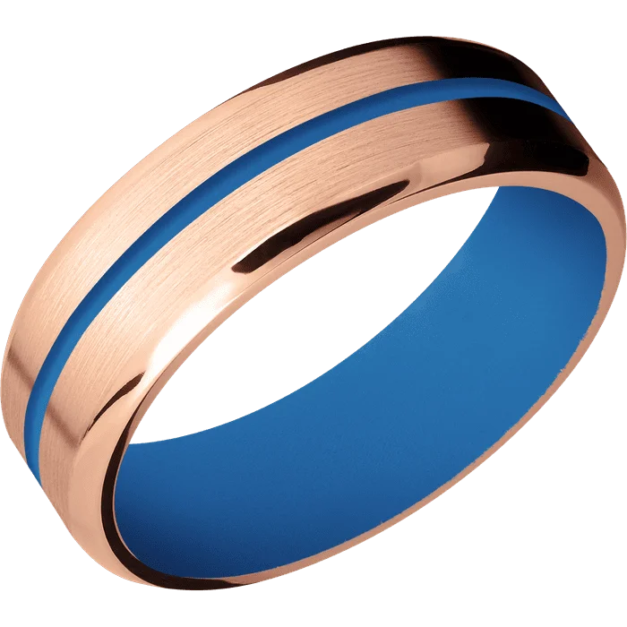 Simple men’s gold rings for casual wear-7mm wide Beveled 14k Rose Gold Ring with Satin Finish / One 1mm Centered Sea Blue Cerakote Inlay / Sea Blue Cerakote Sleeve