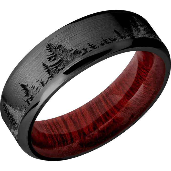 Custom engraved rings for her-7mm wide Beveled Black Titanium Ring with Satin Finish / Trees Design / Blood Wood Sleeve