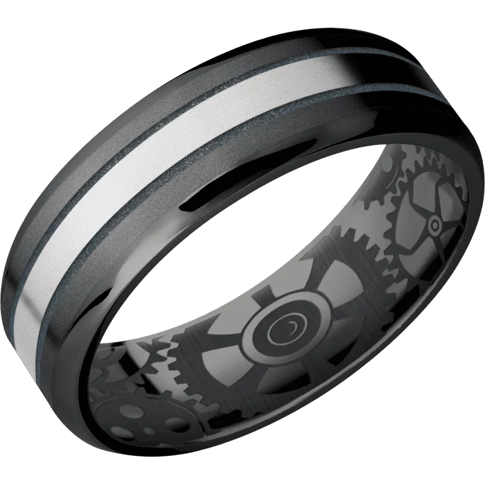 Personalized signet rings for men-7mm wide Beveled Black Zirconium Ring with Bead Blast Finish / One 2mm Centered Palladium Silver Inlay with Bead Blast Finish and Blue Titanium Cerakote Accents / Gears Interior Pattern