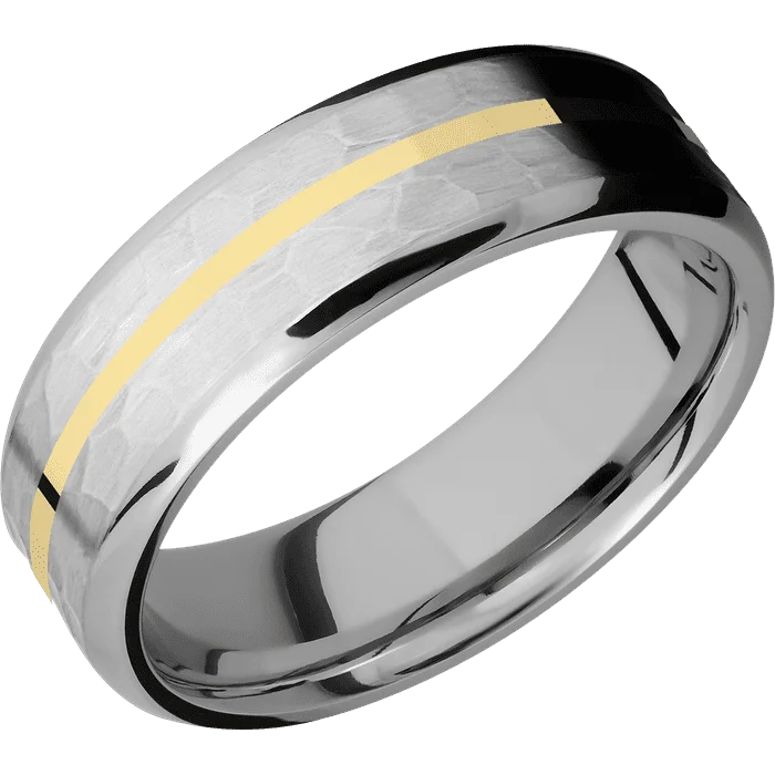 Designer rings with colored gemstones-7mm wide Beveled Titanium Ring with Hammer Finish / One 1mm Centered 18k Yellow Gold Inlay with Polish Finish