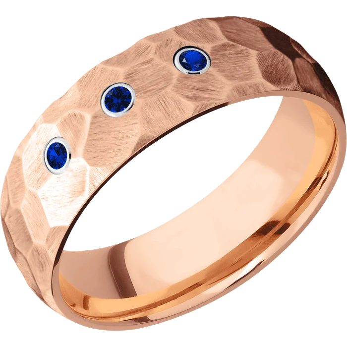 Minimalist rings for men-7mm wide Domed 14k Rose Gold Ring with Rock Finish / 3 Round .03 carat Sapphire Bezel-Set Gemstones