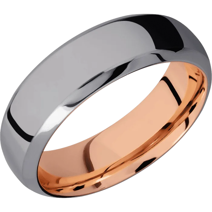 Designer engagement rings for women-7mm wide Domed Bevel Tantalum Ring with Polish Finish / 14k Rose Gold Sleeve