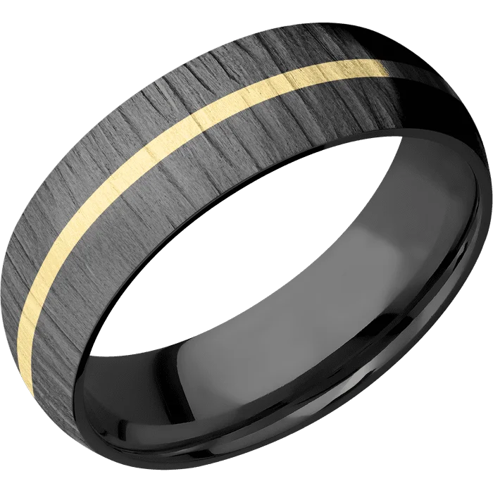 Custom name rings for her-7mm wide Domed Black Zirconium Ring with Treebark 1 Finish / One 1mm Centered 14k Yellow Gold Inlay