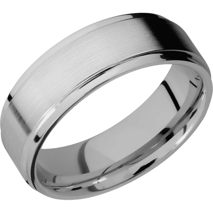 Men’s wedding bands with gemstones-7mm wide Flat Grooved Edges Titanium Ring with Satin Finish