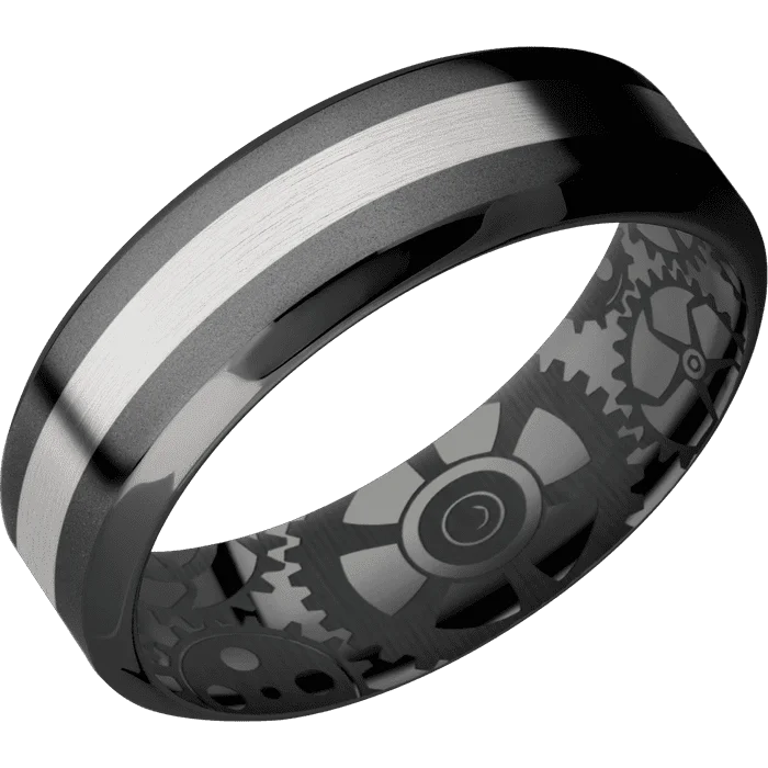 Simple engagement rings for women-7mm wide High Bevel Black Titanium Ring with Bead Blast Finish / One 2mm Centered Palladium Silver Inlay with Satin Finish / Gears Interior Pattern