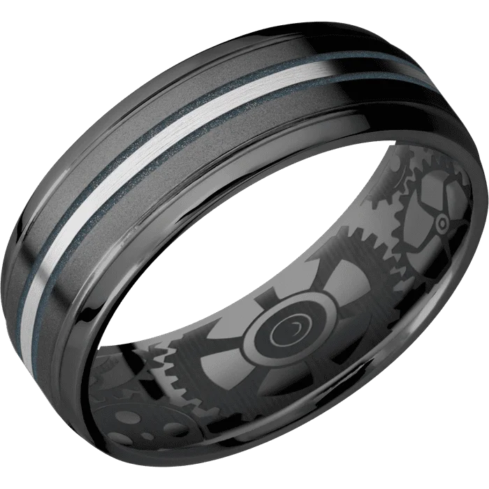 Custom gold wedding rings for women-7mm wide Stepped Bevel Black Zirconium Ring with Bead Blast Finish / One 1mm Centered Palladium Silver Inlay with Satin Finish and Blue Titanium Cerakote Accents / Gears Interior Pattern