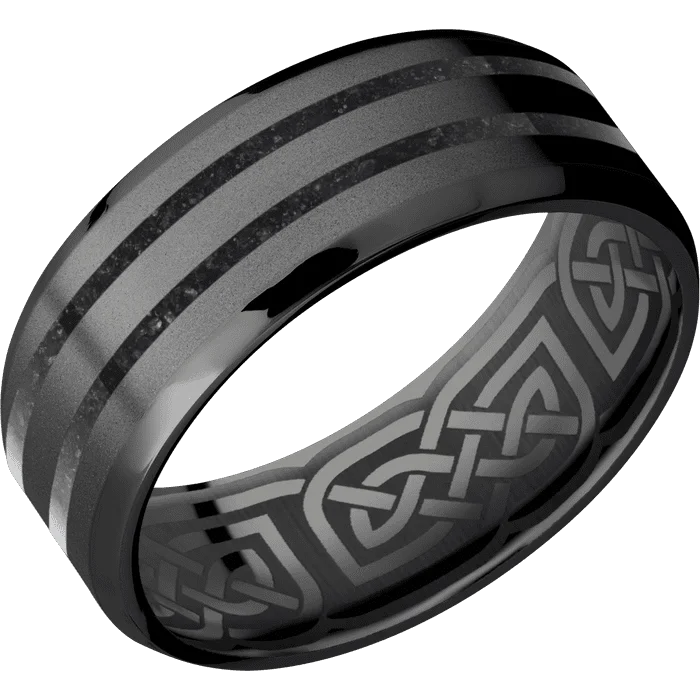 Fashion rings with diamonds for men-8mm wide Beveled Black Titanium Ring with Bead Blast Finish / Two 1mm Centered Black Dinosaur Bone Inlay / Celtic 17 Interior Pattern