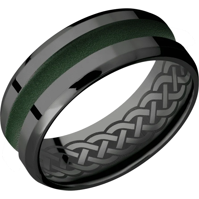 Designer rings with colored gemstones-8mm wide Beveled Black Titanium Ring with Polish Finish / One 3mm Centered Highland Green Cerakote Inlay / Celtic 9 Interior Pattern