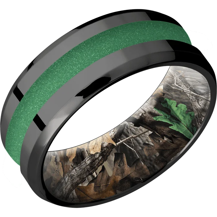 Personalized wedding rings for couples-8mm wide Beveled Black Titanium Ring with Polish Finish / One 3mm Centered Squatch Cerakote Inlay / RealTree Timber Camo Sleeve