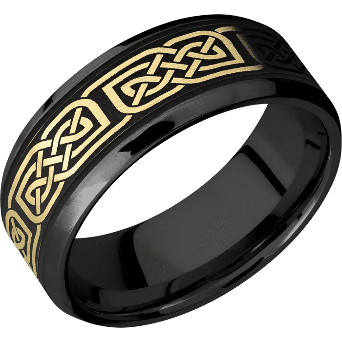 Men’s wedding bands with engraving-8mm wide Beveled Black Titanium Ring with Satin Finish / One 5mm Centered 14k Yellow Gold Inlay with Satin Finish and Black Cerakote Accents / Celtic 17 Inlay Design and Black Cerakote Inlay Design Accents