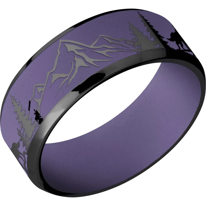 Adjustable gold rings for men-8mm wide Beveled Black Zirconium Ring with Polish Finish / Wolf Mountain Design and Bright Purple Cerakote Accents / Bright Purple Cerakote Sleeve