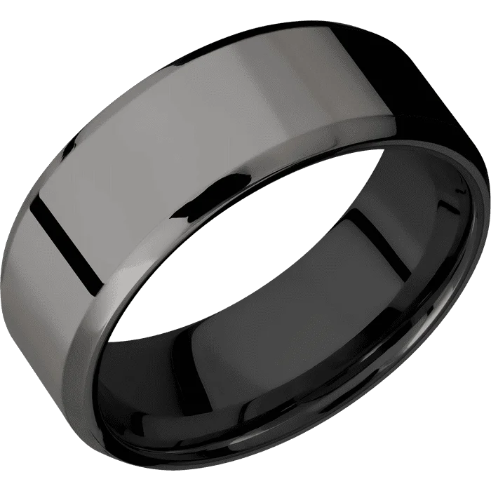 Personalized promise rings for couples-8mm wide Beveled Darkened Tantalum Ring with Polish Finish / Black Titanium Sleeve