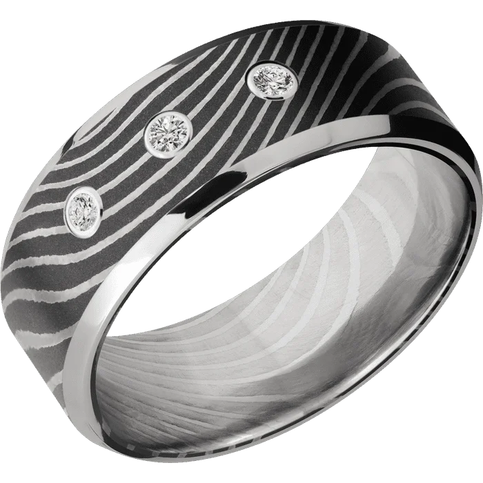 Personalized women’s wedding rings-8mm wide Beveled Flattwist Damascus Steel Ring with Acid Damascus Finish / Two 1mm Edge Palladium Silver Inlay with Polish Finish / 3 Round .03 carat Standard Lab Grown Diamond Bezel-Set Gemstones