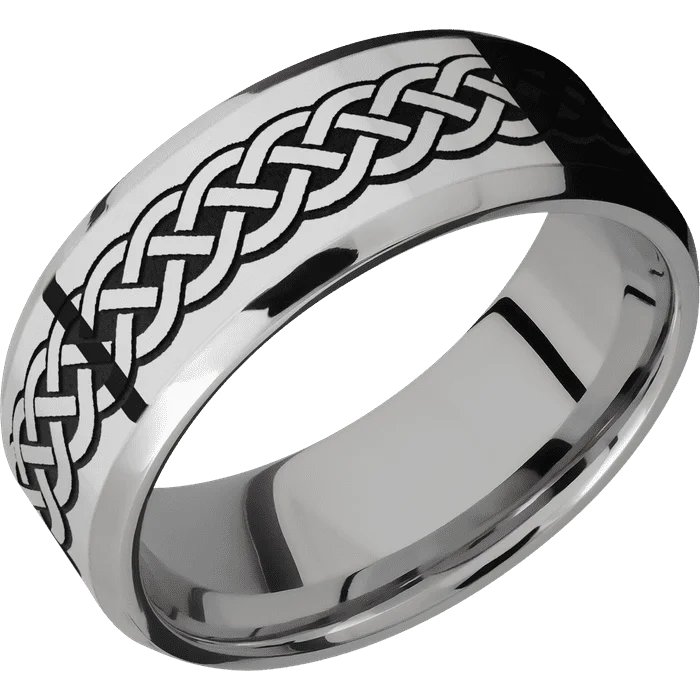 Gold stacking rings for women-8mm wide Beveled Titanium Ring with Polish Finish / Celtic 9 Design and Black Cerakote Accents