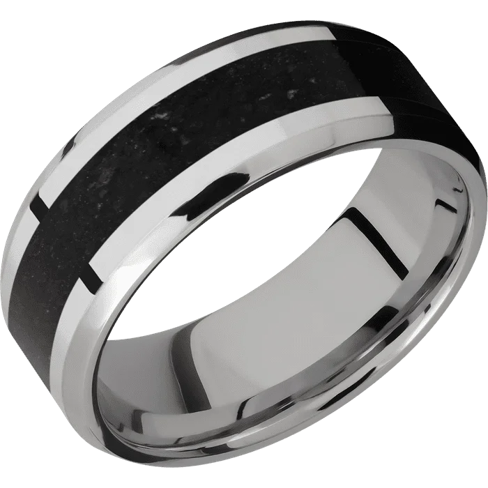 Vintage wedding bands for women-8mm wide Beveled Titanium Ring with Polish Finish / One 4mm Centered Black Tourmaline Inlay