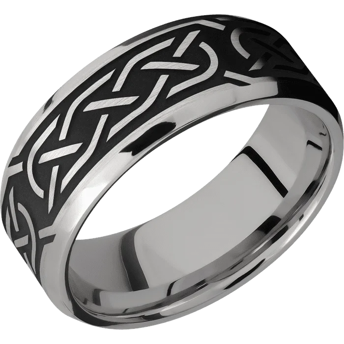 Designer engagement rings for women-8mm wide Beveled Titanium Ring with Satin Finish / Celtic 5 Design and Black Cerakote Accents