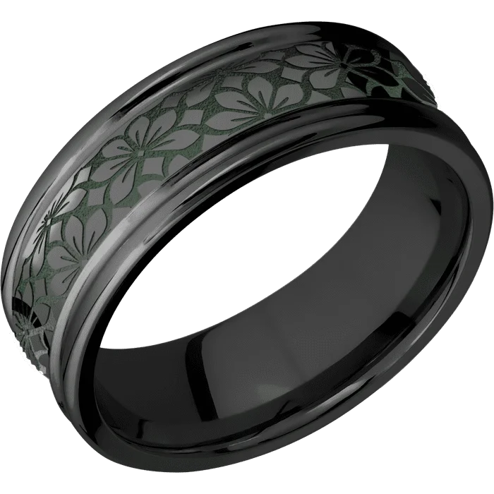 Fashionable stacking rings for women-8mm wide Concave Center Round Edges Black Zirconium Ring with Polish Finish / Floral 1 Large Design and Highland Green Cerakote Accents