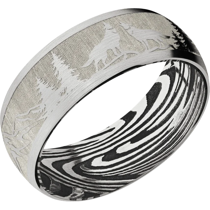 Unique wedding bands with gemstones-8mm wide Domed 10k White Gold Ring with Satin Finish / Wolf Mountain Design / Sunset Damascus Steel Sleeve