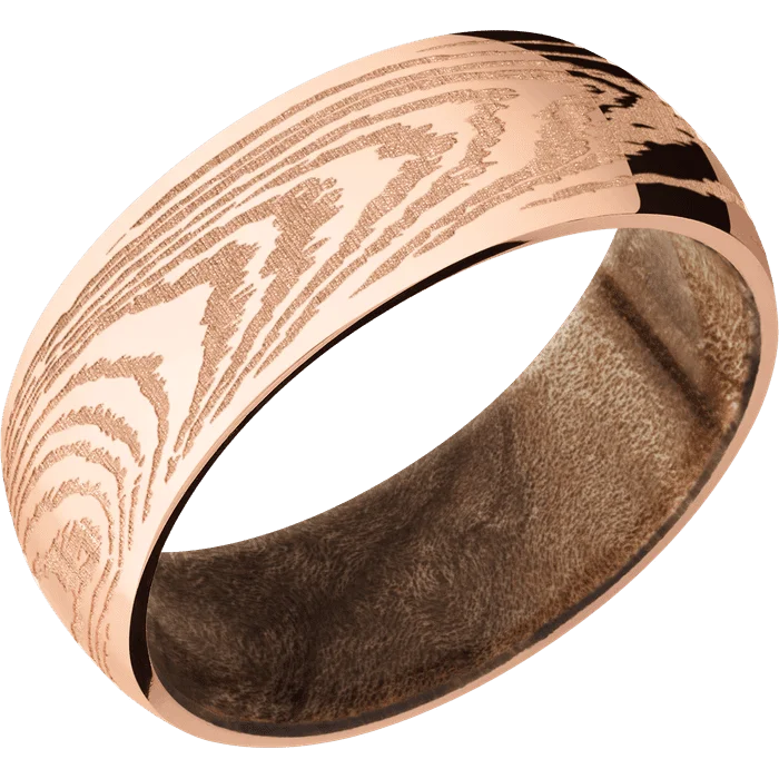 Gold wedding rings for men-8mm wide Domed 14k Rose Gold Ring with Polish Finish / Woodgrain Design / Maple Burl Sleeve