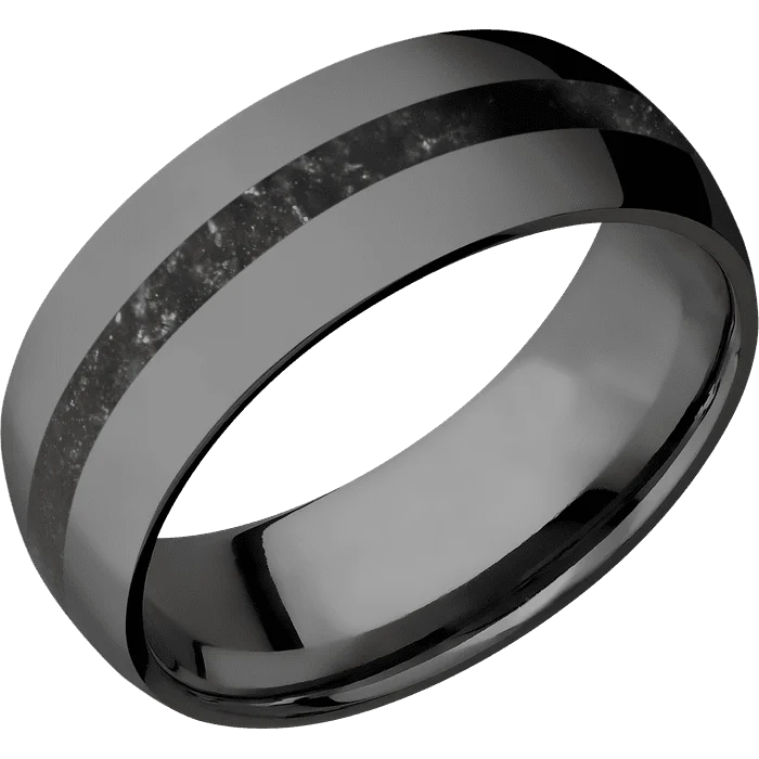 Sterling silver rings for men-8mm wide Domed Black Titanium Ring with Polish Finish / One 2mm Centered Black Onyx Inlay