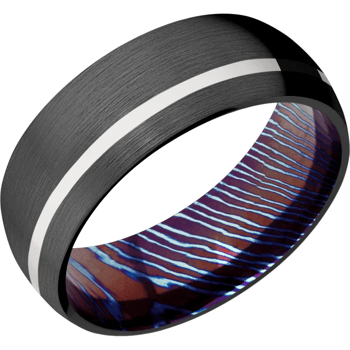 Custom gemstone rings for men-8mm wide Domed Black Titanium Ring with Satin Finish / One 1mm Off Center Platinum Inlay with Polish Finish / Kuro-Ti Sleeve