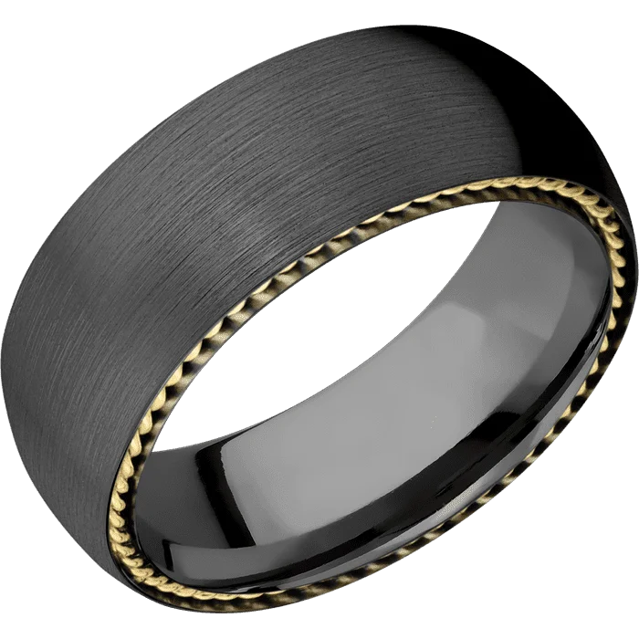 Personalized promise rings for couples-8mm wide Domed Black Titanium Ring with Satin Finish / Two 1mm Sidebraid 14k Yellow Gold Inlay with Polish Finish