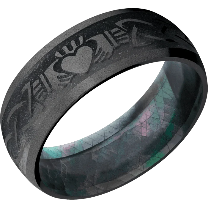 Men’s rings with engraving for gifts-8mm wide Domed Black Zirconium Ring with Bead Blast Finish / Claddagh Celtic Design and Dark Grey Cerakote Accents / Black Mother of Pearl Sleeve