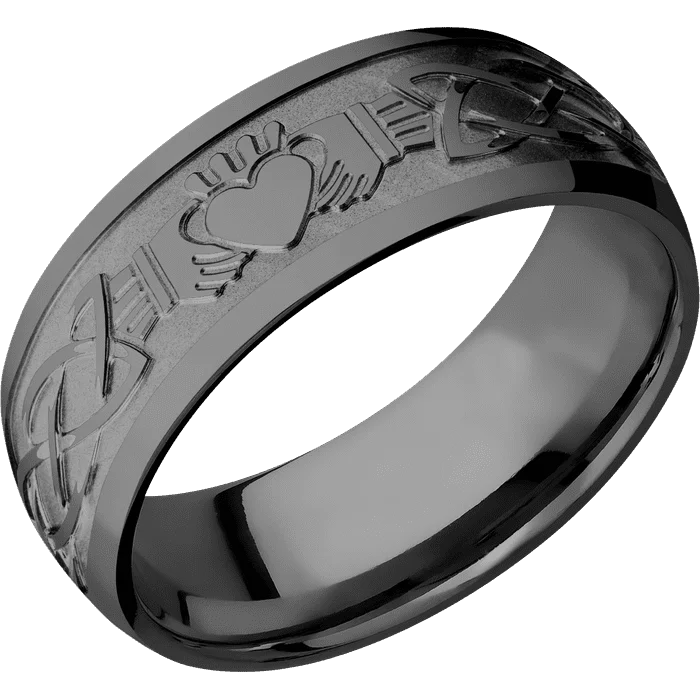 Custom signet rings for men’s gifts-8mm wide Domed Black Zirconium Ring with Polish Finish / Claddagh Celtic Design