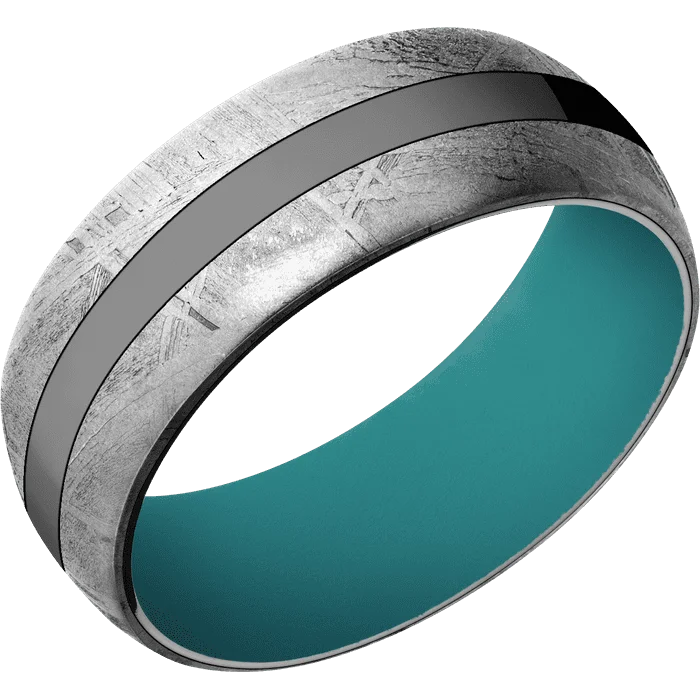 Minimalist rings for men-8mm wide Domed Black Zirconium Ring with Polish Finish / Two 3mm Off Center Edge Meteorite Inlay / Teal Cerakote Sleeve