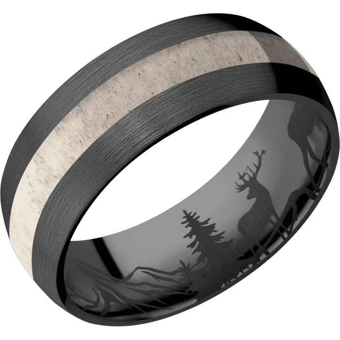 Men’s signet rings with engraving-8mm wide Domed Black Zirconium Ring with Satin Finish / One 3mm Centered Antler Inlay / None Interior Pattern