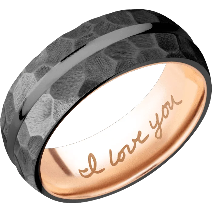 Custom silver engagement rings for her-8mm wide Domed Center Concave Black Titanium Ring with Rock Finish / 14k Rose Gold Sleeve / Hand Writing Interior Pattern