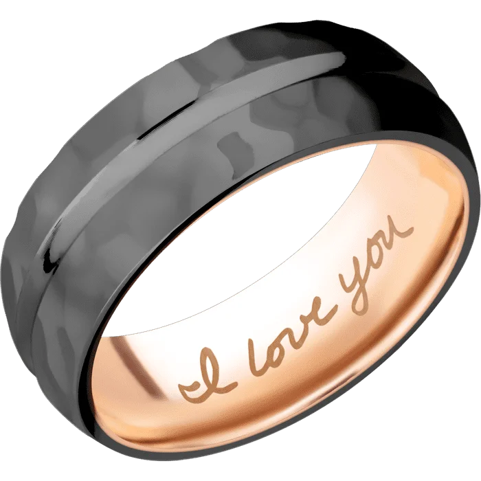 Men’s silver rings with gemstones-8mm wide Domed Center Concave Black Titanium Ring with Rock Polish Finish / 14k Rose Gold Sleeve / Hand Writing Interior Pattern