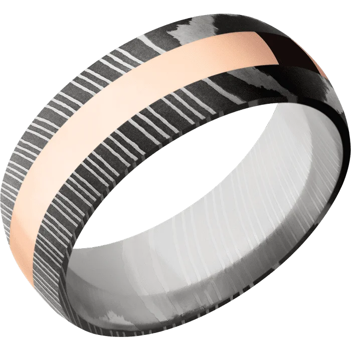 Fashionable rings with pearls for women-8mm wide Domed Damascus Steel Ring with Acid Damascus Finish / One 3mm Centered 14k Rose Gold Inlay with Polish Finish