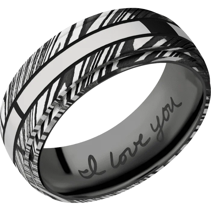 Adjustable engagement rings for women-8mm wide Domed Stepped Down Edges Kuro Damascus Steel Ring with Tumble Kuro Damascus Finish / One 2mm Centered Palladium Silver Inlay with Polish Finish and Black Cerakote Accents / Black Titanium Sleeve / Hand Writing Interior Pattern