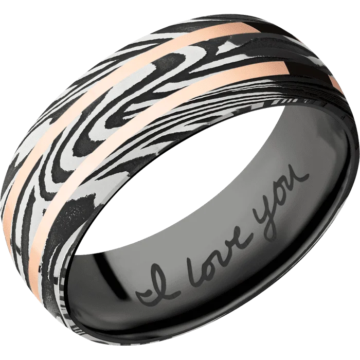 Custom gold wedding rings for women-8mm wide Domed Sunset Damascus Steel Ring with Tumble Kuro Damascus Finish / Two 1mm Centered 14k Rose Gold Inlay with Polish Finish / Black Titanium Sleeve / Hand Writing Interior Pattern