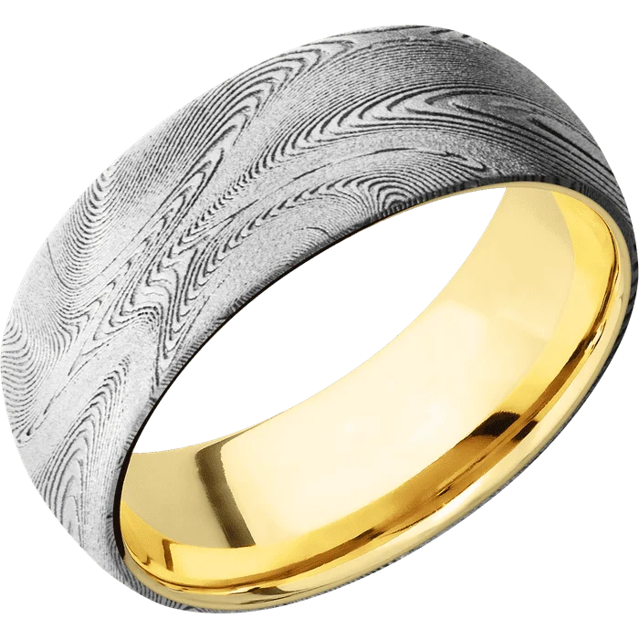 Luxury diamond rings for women-8mm wide Domed Tightweave Damascus Steel Ring with Bead Blast Kuro Damascus Finish / 18k Yellow Gold Sleeve